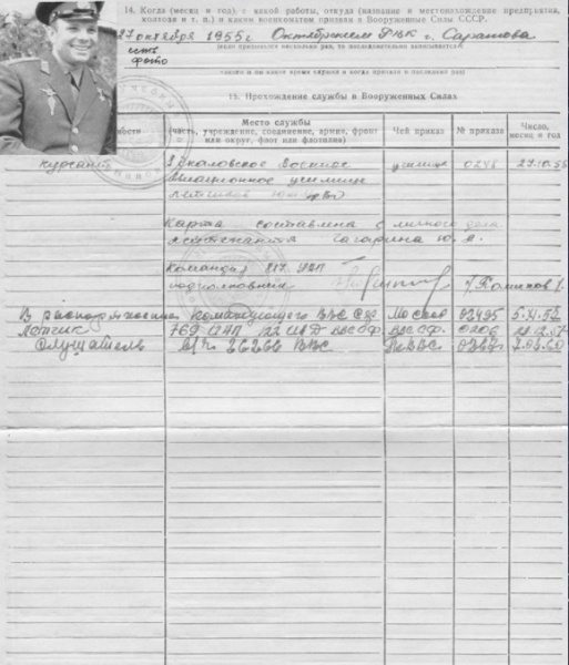 Юрий Гагарин, архив, документ(2018)|Фото:  Центральный архив Минобороны России