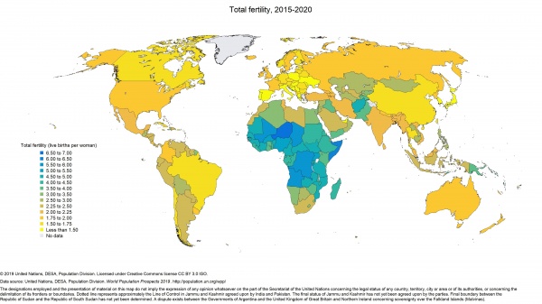 Суммарный коэффициент рождаемости, 2015-2020(2019)|Фото: population.un.org/wpp/