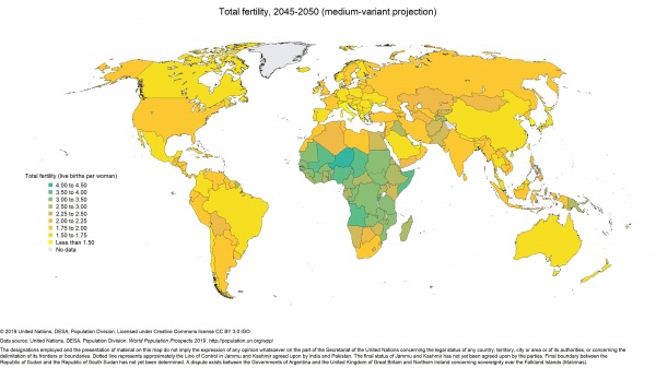 Суммарный коэффициент рождаемости, 2045-2050, прогноз ООН(2019)|Фото: population.un.org/wpp/