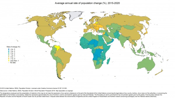 Среднегодовой темп прироста населения, 2015-2020(2019)|Фото: population.un.org/wpp/