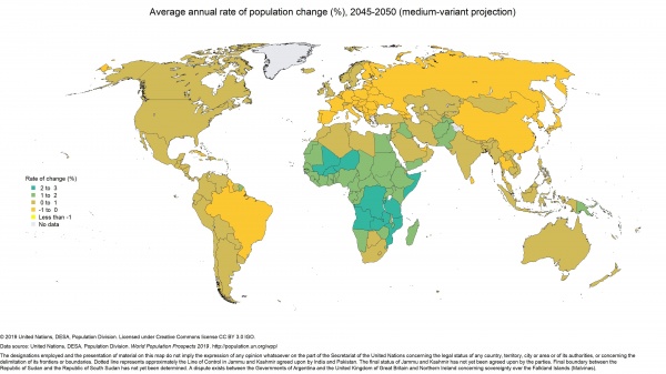 Среднегодовой темп прироста населения, 2045-2050, прогноз ООН(2019)|Фото: population.un.org/wpp/