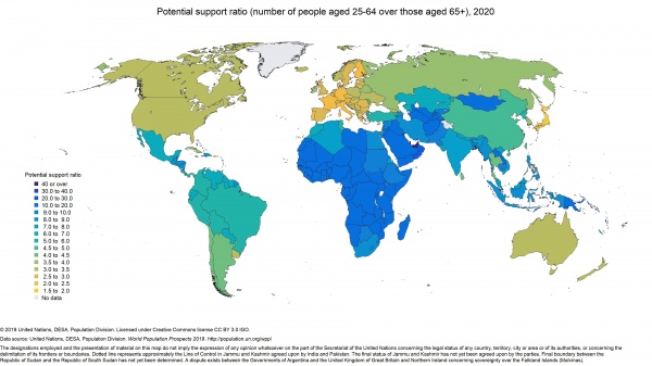 Коэффициент потенциальной поддержки, отношение населения 25-64 лет к населению 65+, 2020(2019)|Фото: population.un.org/wpp/