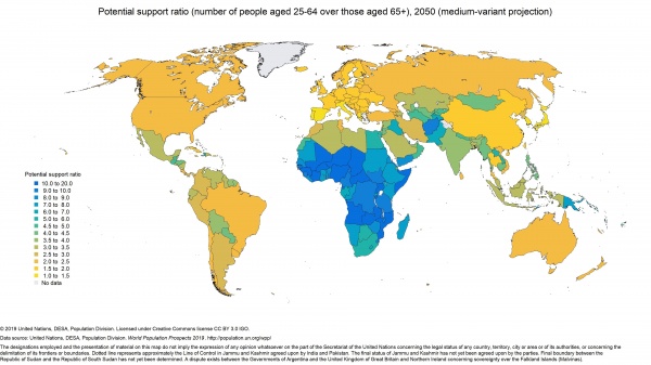 Коэффициент потенциальной поддержки, отношение населения 25-64 лет к населению 65+, 2050, прогноз ООН(2019)|Фото: population.un.org/wpp/