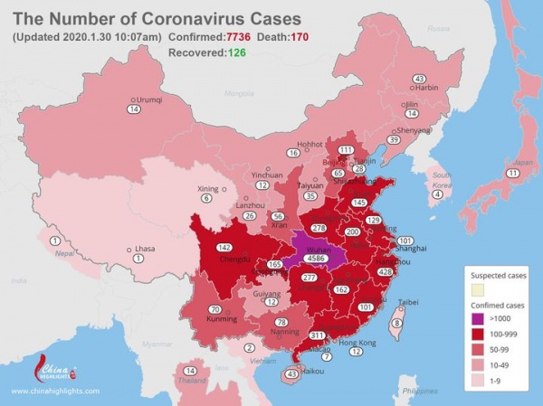 Распространение болезни на 30.01.20(2020)|Фото: ChinaHighlights.com