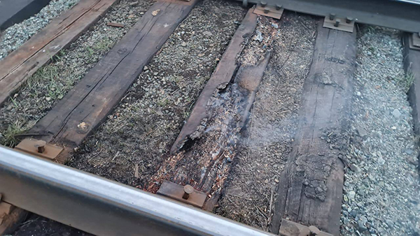 Возгорание сухой растительности в полосе отвода железной дороги на перегоне Березит-Кедровка(2022)|Фото: Уральская транспортная прокуратура