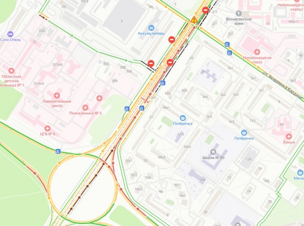 Пробки на выезде из Академического в Екатеринбурге(2023)|Фото: Яндекс-карты/скрин