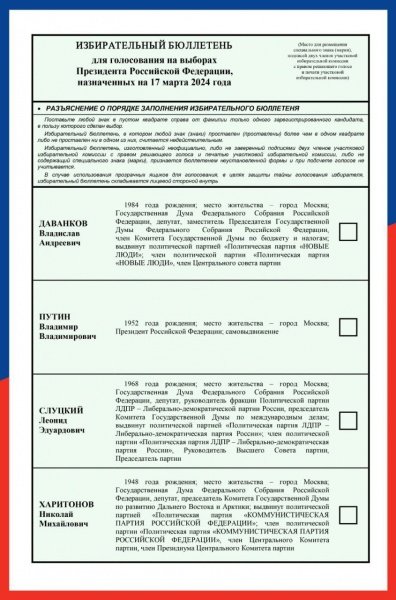 Бюллетень на выборах президента России 2024 года.(2024)|Фото: ЦИК Россиии