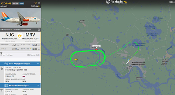 Самолет авиакомпании Азимут кружит над Нижневартовском(2024)|Фото: flightradar24.com/скриншот