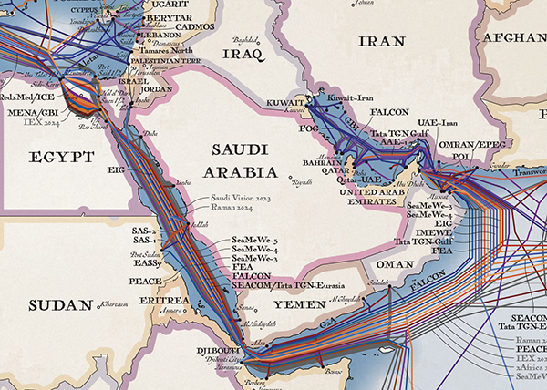 Карта, на которой Саудовская Аравия окружена крупными оптоволоконными кабелями(2024)|Фото: submarine-cable-map-2023.telegeography.com