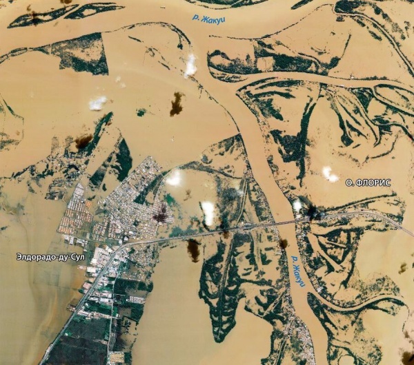 Снимок наводнения в Бразилии, сделанный из космоса и опубликованный "Роскосмосом" в своем telegram-канале(2024)|Фото: Официальный telegram-канал Госкорпорации "Роскосмос" / t.me/roscosmos_gk