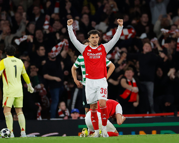 Мартин Субименди в составе "Арсенала" матче Лиги чемпионов UEFA против "Спортинга"(2026)|Фото: Tom Jenkins / The Guardian